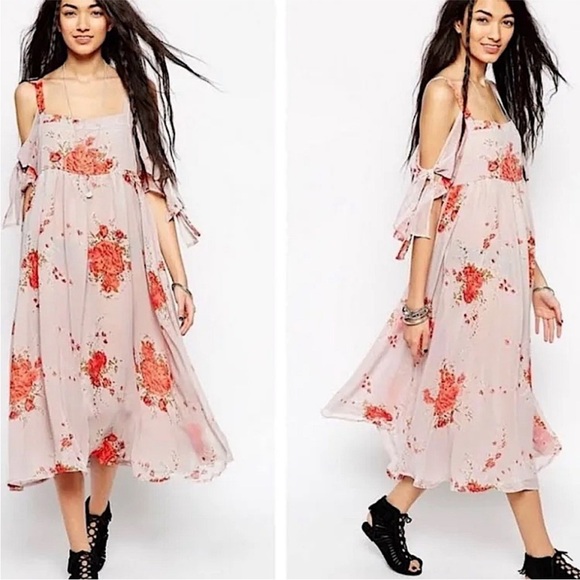 Free People | Women’s Grey/Coral Floral Tied To You Cold-Shoulder Midi Dress S - Picture 2 of 15